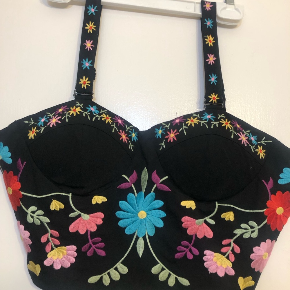 Floral Embroidered Black Crop Top